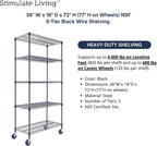 36"x18"x72" Prime Heavy Duty Black 5-Tier Wire Shelving NSF 4000 LBS MAX Capacity Storage Rack for Commercial, Hospital, School, Garage, and Kitchen Uses (with Wheels)