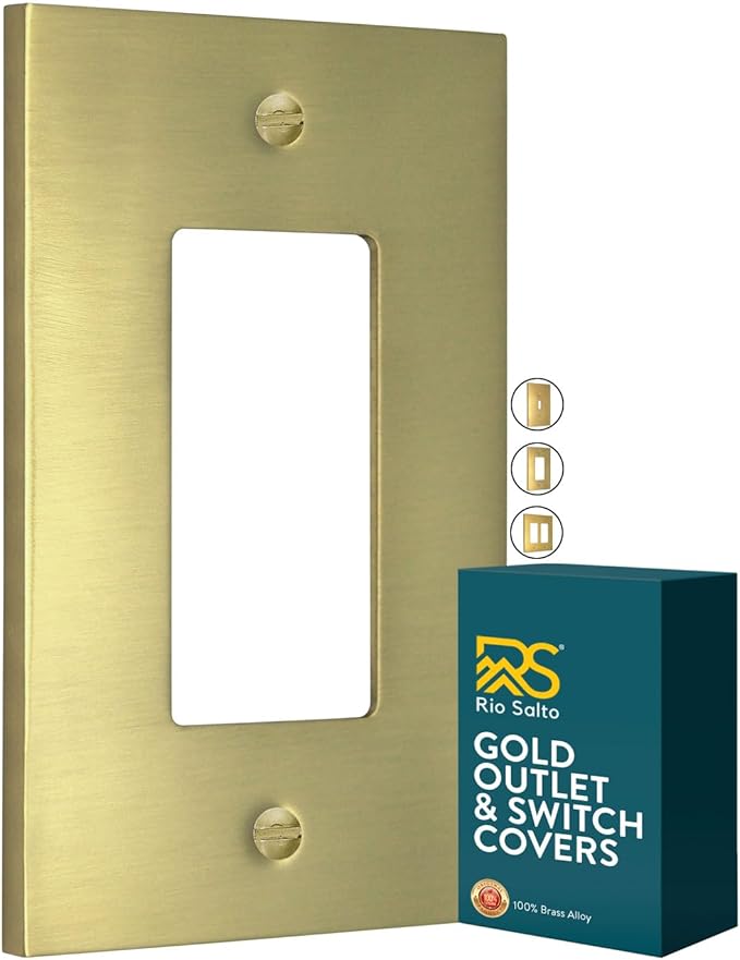 Rio Salto Modern Edge Metal Brass Gold Wall Outlet Cover or Light Switch Cover Rocker Decora Electrical Switch Covers Decorator Plug Wall Plate MIDSIZE Covers Gold (Rocker 1-Gang)