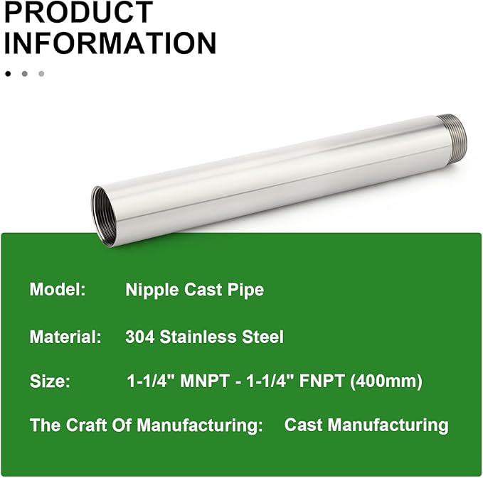 TAISHER 1PCS Stainless Steel Pipe Fittings, 1-1/4" NPT Male x 1-1/4" NPT Female Threaded, 16" Length Nipple Cast Pipe