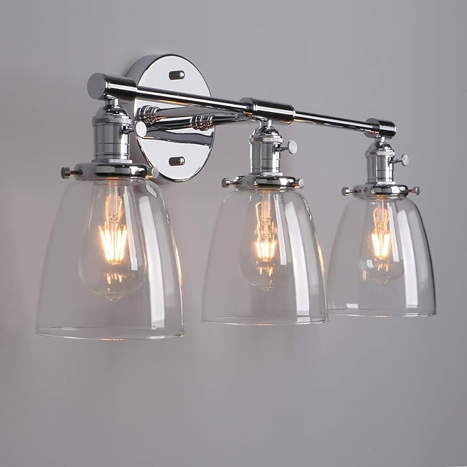 Phansthy 3-Light Wall Sconces Antique Brass Vanity Light, Industrial Wall Lamps with On Off Switch and Clear Glass Lampshade, Vintage Wall Lighting for Bathroom Living Room (Chrome, Bell Shade)