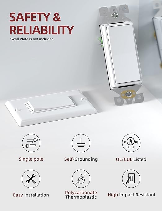 AIDA 20 Pack Light Switch Single Pole Light Switch Square Rocker Switch Decora Switches White, 15 Amp Self-grounding Electrical Light Switches, Residential Grade, UL Listed Glossy White