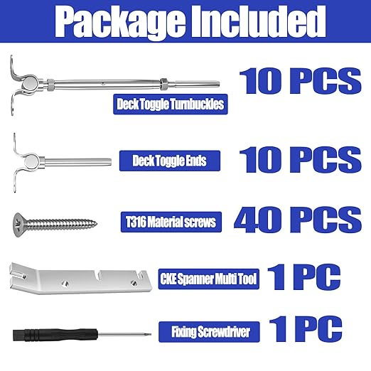 CKE 10 Pairs Cable Railing Kit 1/8" Swage Toggle Turnbuckle Hardware T316 Stainless Steel Cable Railing Hardware for Wood Post, Angle 180° Adjustable Stairs Deck Cable Railing Kit 20 Cable Lines, CR25