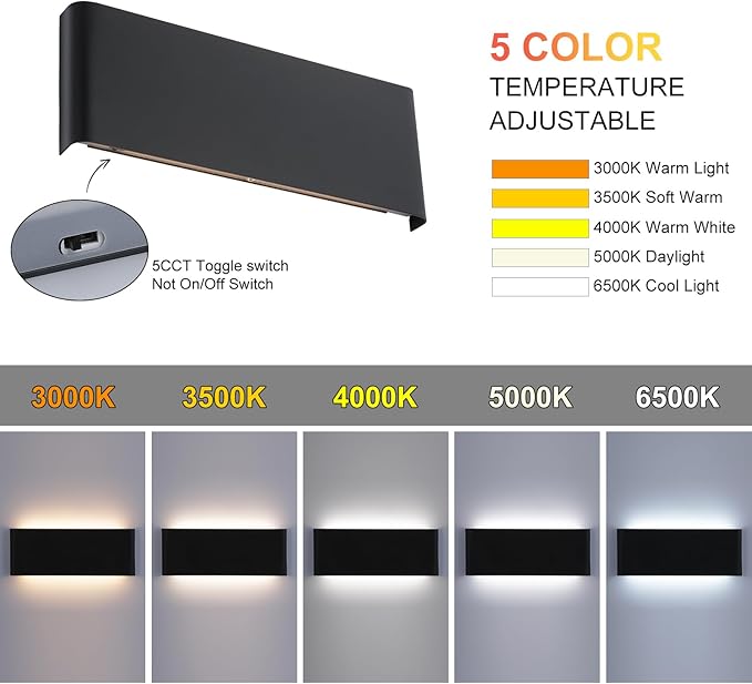 15"Modern LED vanity light,20W Dimmable 5 CCT (3000K-6500K) Adjustable Wall Lamp,Up and Down Wall Lighting,Indoor Wall Sconce for Bedroom,Staircase,Hallway,Dressing Table, 1Pack（Black）