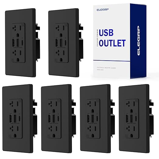 ELEGRP USB Outlets Receptacles, 3-Port Wall Outlet, 30W 6.0A Electrical Outlet, 15 Amp Tamper-Resistant Outlet with Type C Ports, UL Listed, Screwless Wall Plate Included, 6 Pack, Matte Black