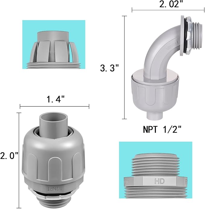 32 Pack 1/2 Inch Liquid Tight Connector NPT Non-Metallic PVC Electrical Flexible Conduit Fittings, UL Listed 16Pack 90D and 16 Pack 180D, Grey