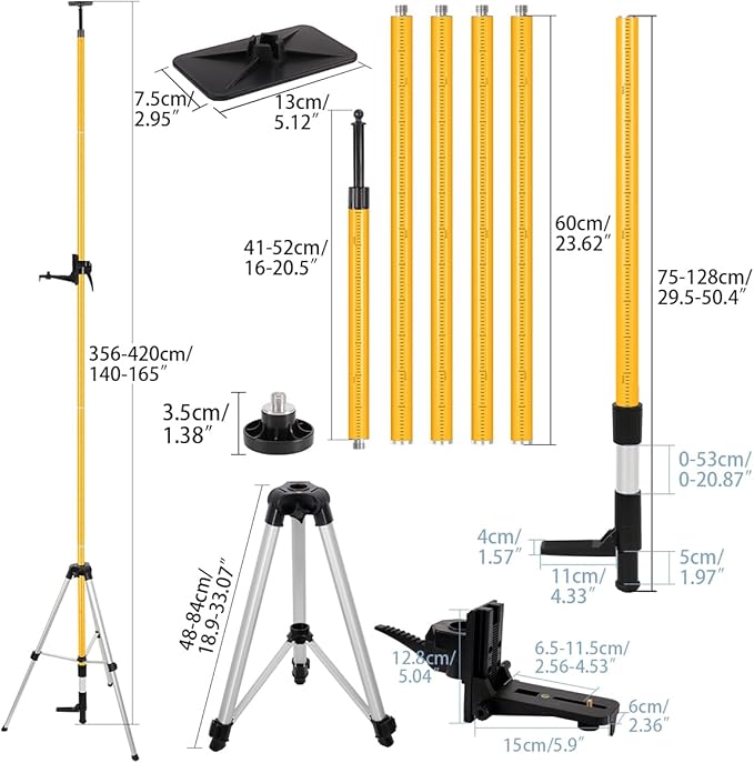 Telescoping Laser Level Pole with Tripod, 13.8Ft./4.2M with 1/4-Inch by 20-Inch Laser Mount for Rotary and Line Laser Level, 5/8"-11 Adapter Nut Included