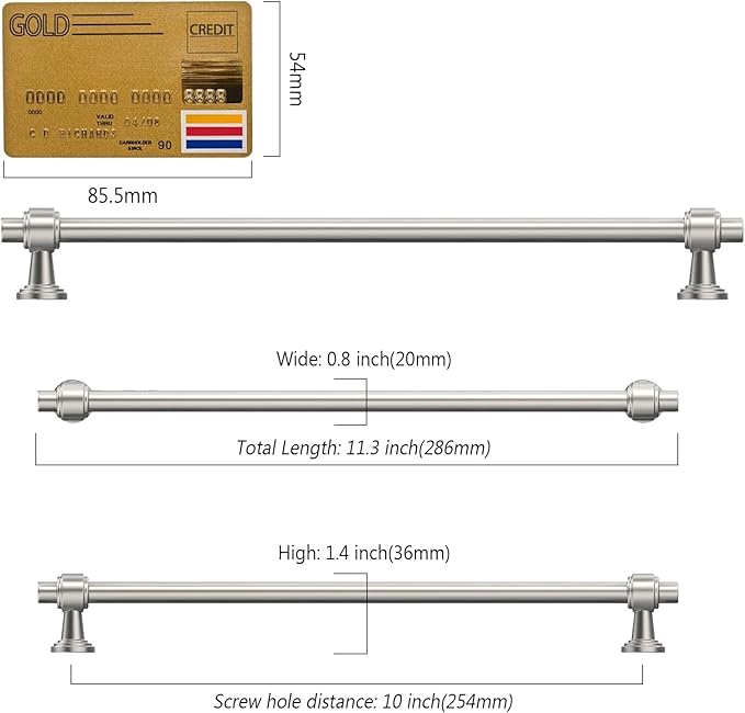 Amerdeco 10 Pack Brushed Satin Nickel Cabinet Pulls 10 Inch(254mm) Hole Center Drawer Pulls Cabinet Hardware Kitchen Cabinet Handles for Bathroom Dresser Pulls ZH0069