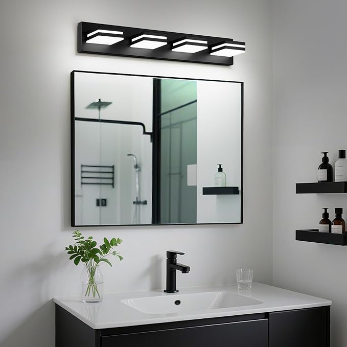 Modern LED Bathroom Lights Fixtures(4-Light),Metal Black Acrylic Wall Lighting,Vanity Lights for Bathroom Over Mirror(6000k 27In