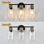 3-Light Bathroom Light Fixtures, Coastal Vanity Lights with Crystal Glass Shade, Black Bathroom Wall Lamp for Mirror Kitchen Hallway Bedroom