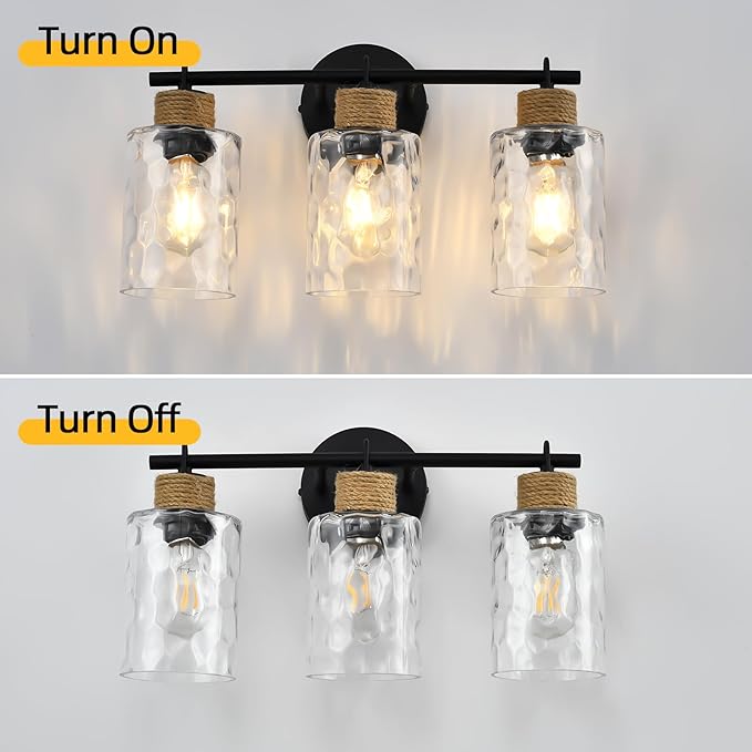 3-Light Bathroom Light Fixtures, Coastal Vanity Lights with Crystal Glass Shade, Black Bathroom Wall Lamp for Mirror Kitchen Hallway Bedroom