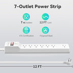 PLUGTUL Surge Protector 12FT (980 Joules), Flat Plug Power Strip, Extension Cord with Multiple Outlets, 7 Outlets, ETL Listed, 14 Gauge, Wall Mountable for Home Office Garage, White