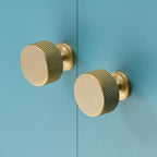 Urnew- 5 Pack Solid Brass Kitchen Cabinet Knobs 1.1 Inch Brushed Gold Dresser Drawer Knobs Knurled Door Pulls for Vanity Table Cupboard Closet Kitchen Hardware