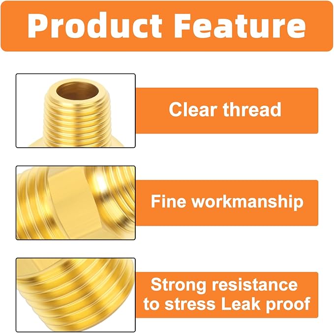GASHER Brass Reducing Hex Nipples,3/8 Inch NPT Male x 1/4 Inch NPT Male Brass Pipe Adapter Fittings Reducing Nipples Connector（8Pcs）