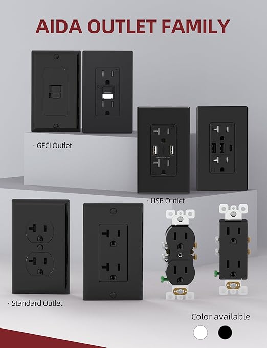 AIDA 20 Amps Outlets Duplex Electrical Receptacle Outlets,Tamper Resistant,Heavy-Duty Receptacle Wall Outlet,Residential,TR,3-Wire, Self-Grounding Clip, NEMA 5-20R,UL Listed (10 Pack, Black