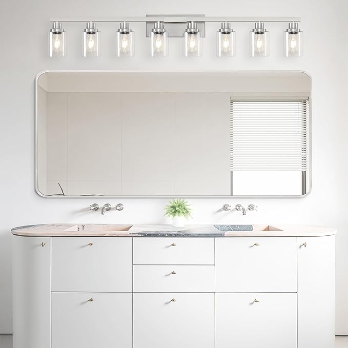 52inch Brushed Nickel Vanity Light Fixtures, 8 Light Brushed Nickel Bathroom Vanity Lights Over Mirror, Matte Nickel Modern Bathroom Wall Lighting for Mirror Bedroom,Living Room