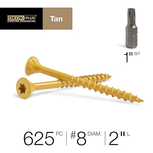 Deck Plus 2 Inch Epoxy Coated Exterior Wood and Fence Screws #8 x 2 Torx/Star Drive Included Coarse Thread, Outdoor Rust Resistant Decking Screw, Tan, 5 lb Box, 625 Pieces | 48414