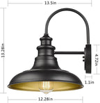 Outdoor Barn Light Fixtures, 12.3 Inch Large Dome Farmhouse Wall Mount Light Gooseneck Wall Sconce Exterior Wall Lighting Fixture Industrial Black Finish Lantern for Porch with Gold Interior, 2pack