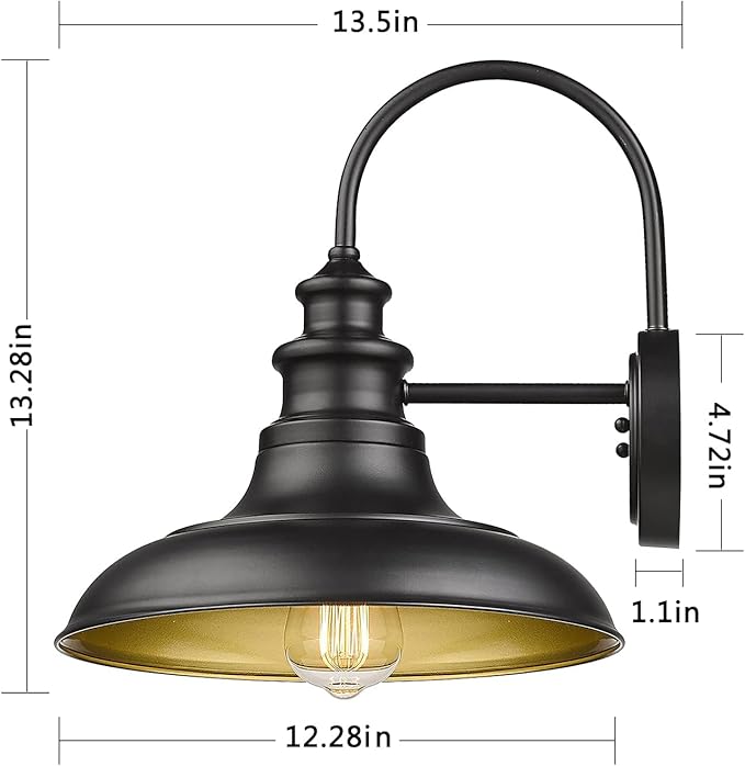 Outdoor Barn Light Fixtures, 12.3 Inch Large Dome Farmhouse Wall Mount Light Gooseneck Wall Sconce Exterior Wall Lighting Fixture Industrial Black Finish Lantern for Porch with Gold Interior, 2pack