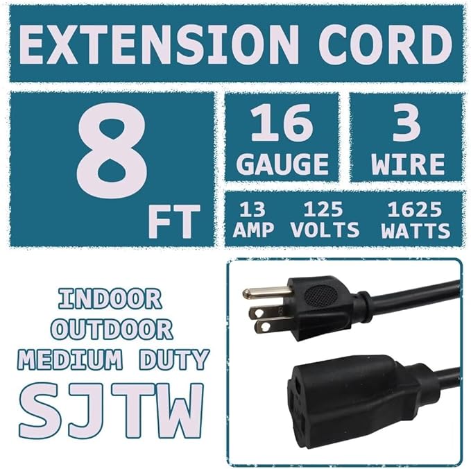 Indoor Outdoor Extension Cord 8 FT Waterproof, 16/3 Gauge Heavy Duty Black Extension Cords, 13A 1625W SJTW Extension Cord with 3 Prong Grounded Plug, Great for Tools, Lights, UL Listed.