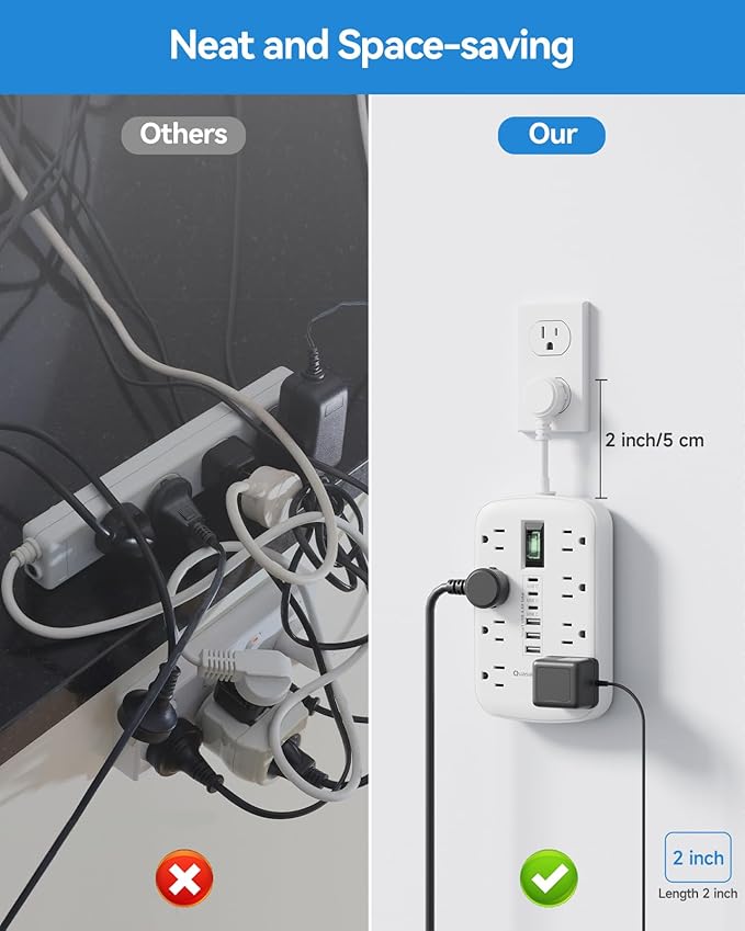 Short Extension Cord 2 inch, Small Power Strip Flat Outlet Extender Surge Protector with 8 AC Outlets 6 USB (5V/4.8A 24W), Mini Extension Cord Flat Wall Plug for Home Office Dorm Kitchen Bathroom