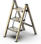 GameGem 3 Step Ladder, Folding Step Stool with Wider Pedal, Anti-Slip Feet & Non Slip Stripes, Aluminum Sturdy Material, 300Lbs Capacity, Elegant Look of Champagne Gold Better Matches Your Home