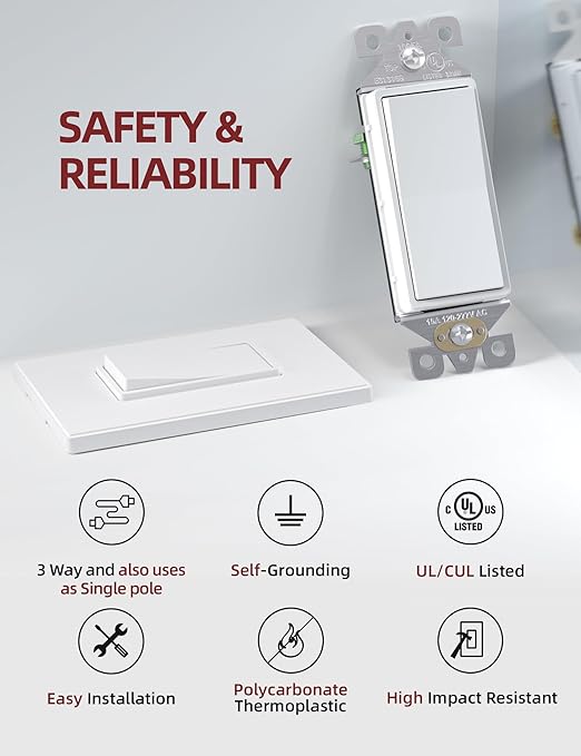 AIDA Matte White Single Pole Decors Light Switch with Screwless Wall Plate Cover, 15Amp, 120/277V, Paddle Rocker Switch Replacement, On/Off Wall Switch,Residential Grade, UL/CUL (20 Pack)