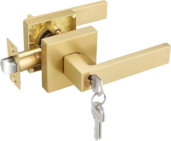 EHOMEWARE 8 Pack Door Lever Lock Gold Front/Exterior Door Handle Set Keyed Alike/Combo Keys, Heavy Duty Left/Right Handing Exterior Door Handle, Entry Door Handle Set