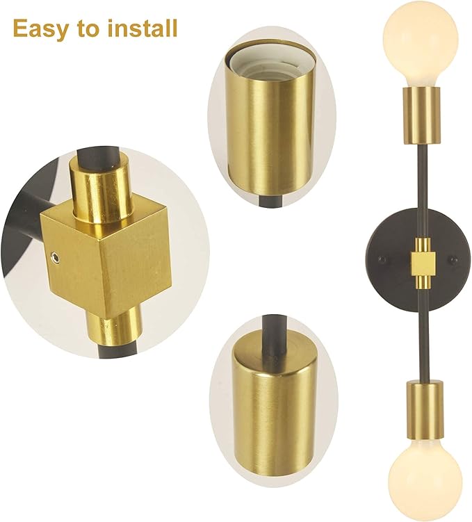 2 Lights Bathroom Wall Sconce Vanity Modern Industrial Wall Lamp Pole Wall Mount Lighting Fixture（Gold/Black Color）