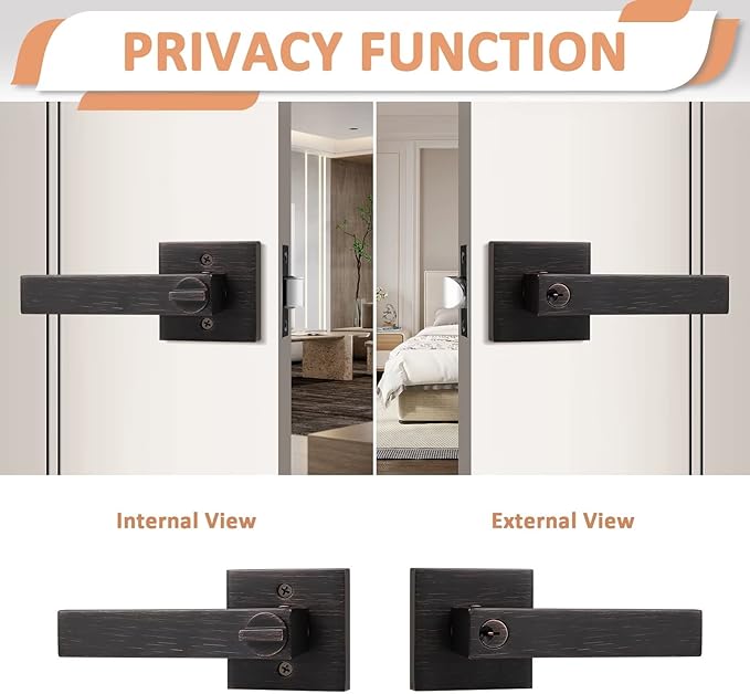 Probrico 2 Pack Oil Rubbed Bronze Entry Door Lever with Lock, One Keyway Entrance Door Locksets for Front Door (Three Same Keys), Exterior Square Door Lock Interior Bedroom Entrance Door Knob
