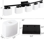 5-Light Matte Black Vanity Light Fixture with White Glass Shade for Bathroom Over Mirror, 40 Inches