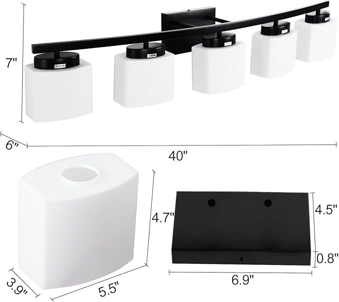 5-Light Matte Black Vanity Light Fixture with White Glass Shade for Bathroom Over Mirror, 40 Inches