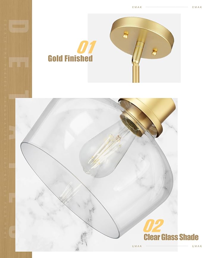 Emak Modern Gold Pendant Lights Kitchen Island, 10 Inch Large Pendant Light Fixtures with Clear Glass Shade for Kitchen, Dining Room, Entrance, PL126-GD-CG