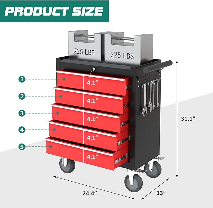 5-Drawer Rolling Tool Chest Toolbox, Rolling Tool Box with Wheels, Tool Chest with Keyed Locking System and Drawer Liners, Tool Box Organizer for Garage, Warehouse, Workshop(BlackRed)