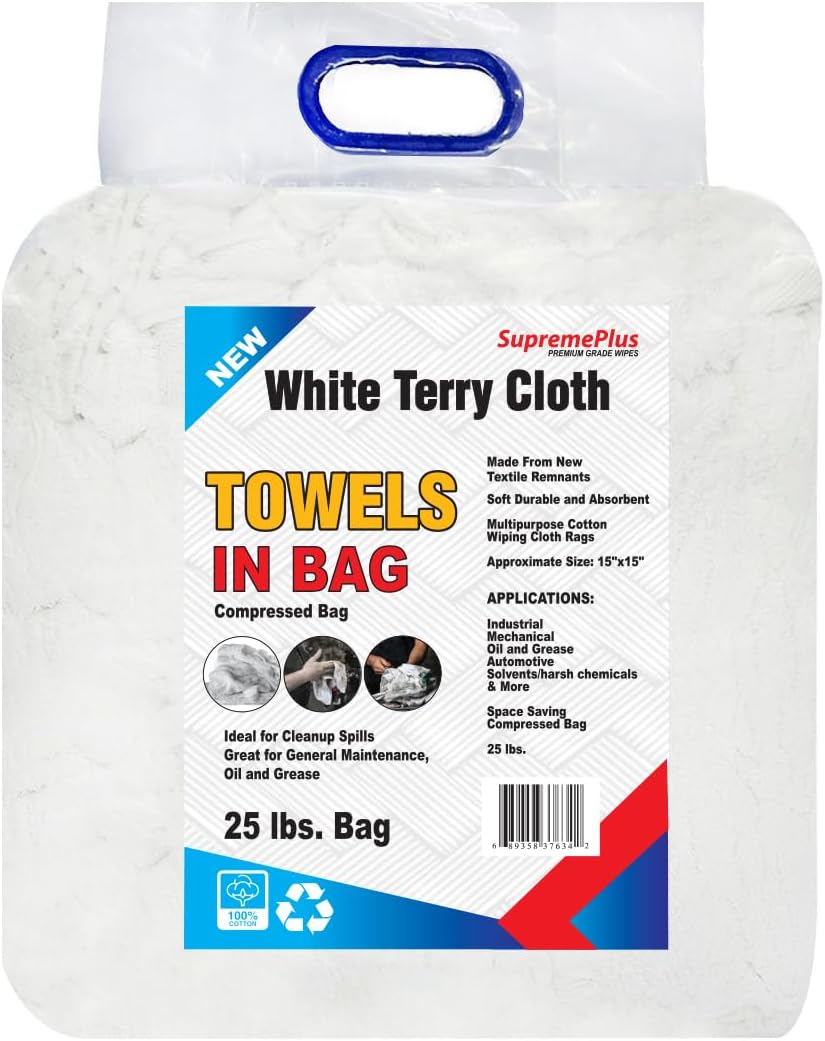 Premium White Terry Cloth Rags (600 lbs. Pallet 24x25 Bag) Super Absorbent Cotton Towel Cleaning Rags for Garage, Industrial Use & Housekeeping