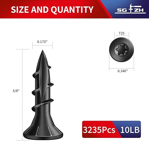 #8 x 5/8" Deck Screws (3235Pcs) 10lb. Carbon Steel, Black, Flat Head, Rust Resistant epoxy Coated, with T25 Star Bit