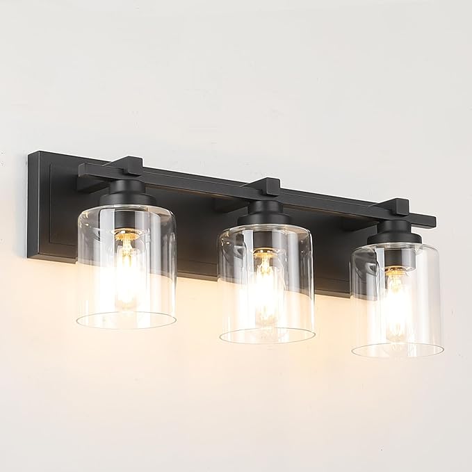 3 Light Modern Bathroom Light Fixtures Over Mirror, Black Vanity Lights for Bathroom Wall Sconces with Clear Glass Shades, E26 Socket (Bulbs Not Included)