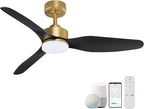 48 Inch Smart Ceiling Fans with LED Lights Remote,Quiet DC Motor,Dimmable,Outdoor Indoor Gold Black Ceiling Fan Controlled by WIFI Alexa App,for Modern Bedroom Living Room Patio Porch