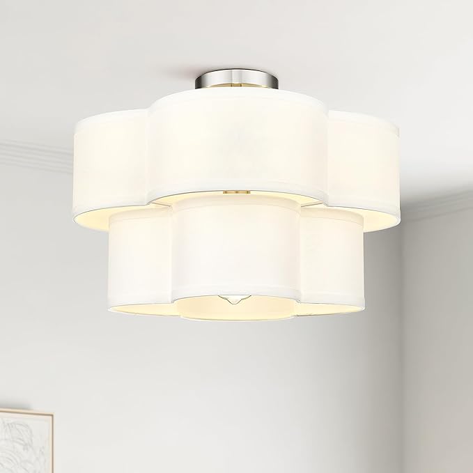 Semi Flush Mount Ceiling Lights, 5-Light 18" Ceiling Light Fixtures with Double Fabric Drum Shade in Quatrefoil Shape, Brushed Nickel Ceiling Light for Nursery Bedroom, AD-22007-5SF-SN