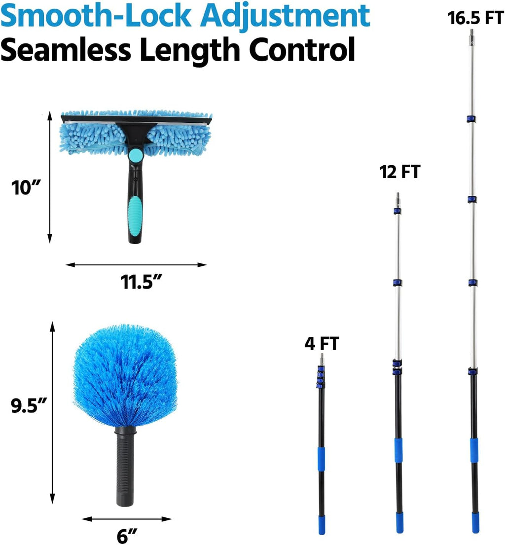 23FT High Reach Window Squeegee & Cobweb Duster with Extension Pole, 2 in 1 Squeegee for Window Cleaning with Lightweight 4-16.5 ft Telescoping Pole, Spider Web Brush with Pole for Outdoor Indoor Car