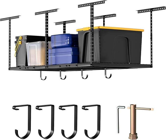 4x8 Overhead Garage Storage Rack with 4 Extra Hooks – Adjustable Heavy-Duty Garage Ceiling Storage Racks (22"-40"), Holds 600 lbs, 22 lbs per Hook, Steel Hanging Organizer for Tools, Bins & Bikes