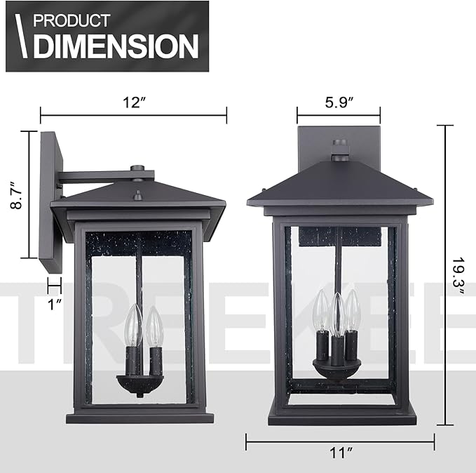 Treekee Large Outdoor Wall Light Fixture, 20 Inch Square Wall Lantern, 3- Light Exterior Sconce Lights, Porch Mount Lighting with Seeded Glass, Modern Black Lamps for Patio Front Door Entryway