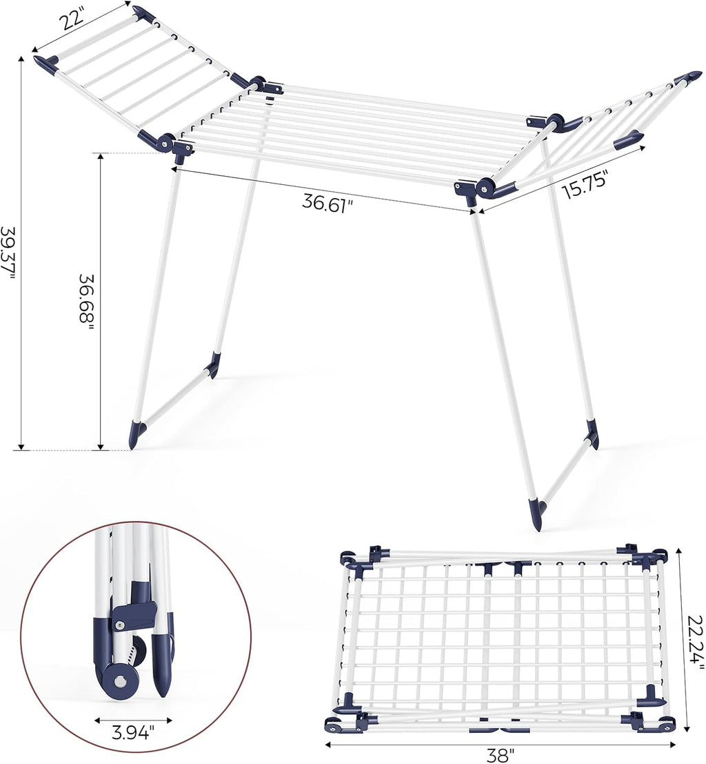 APEXCHASER Clothes Drying Rack Foldable, Large Drying Rack Clothing, Winged Laundry Rack Folding Indoor Outdoor, Metal Clothes Airer for Bedding Towel Sweater Heavy Duty, 68.9" X 22" X 39.3", White
