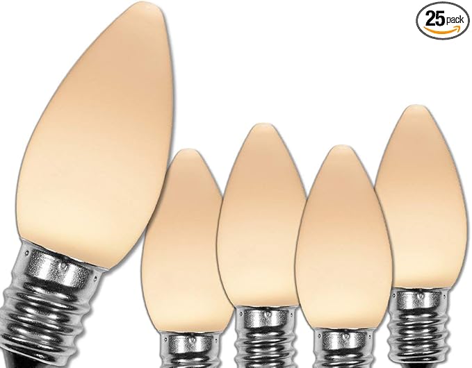 Wintergreen Lighting 25 Pack OptiCore C7 LED Christmas Light Bulbs - Replacement LED Christmas Lights Heavy Duty Premium Outdoor Christmas Lights, E12 Base (Warm White Smooth)
