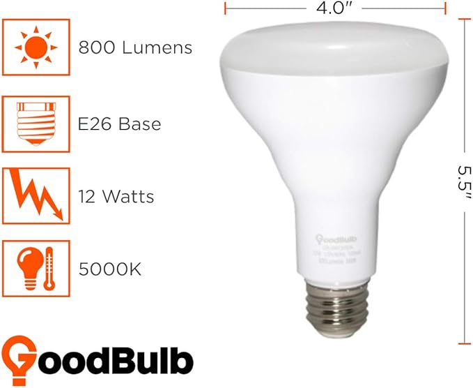 GoodBulb 12-Watt LED BR30 Light Bulbs (60 Watt Equivalent) E26 Base | Daylight White Color 5000K | EcoSmart | 800 Lumens | Pack of 6 Bulbs