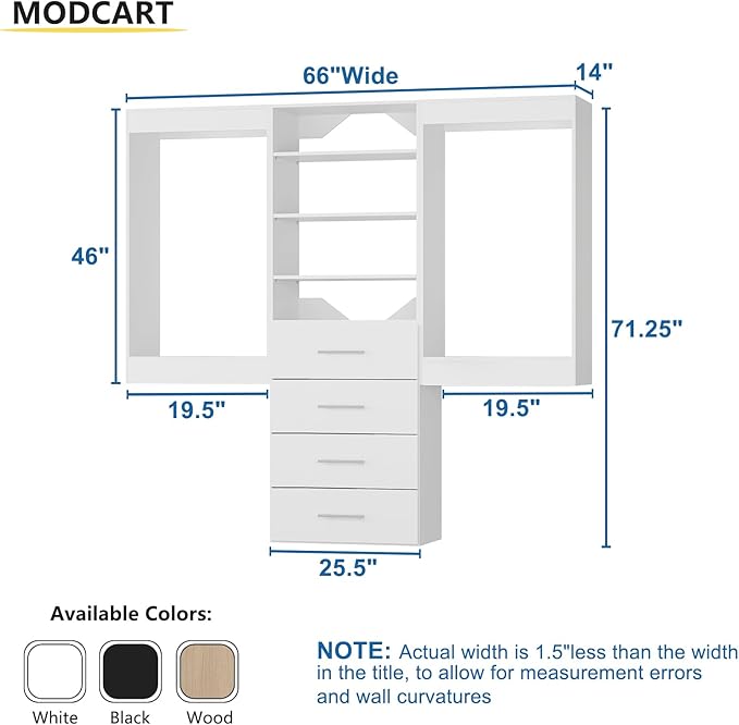 Modular Closet System, 66" Wide Closet Organizer System with Hanging and Drawers, Wood Tower Closet Storage for Walk In Closets, Wall Mounted Wardrobe Organizer Kit System, Bedroom, White