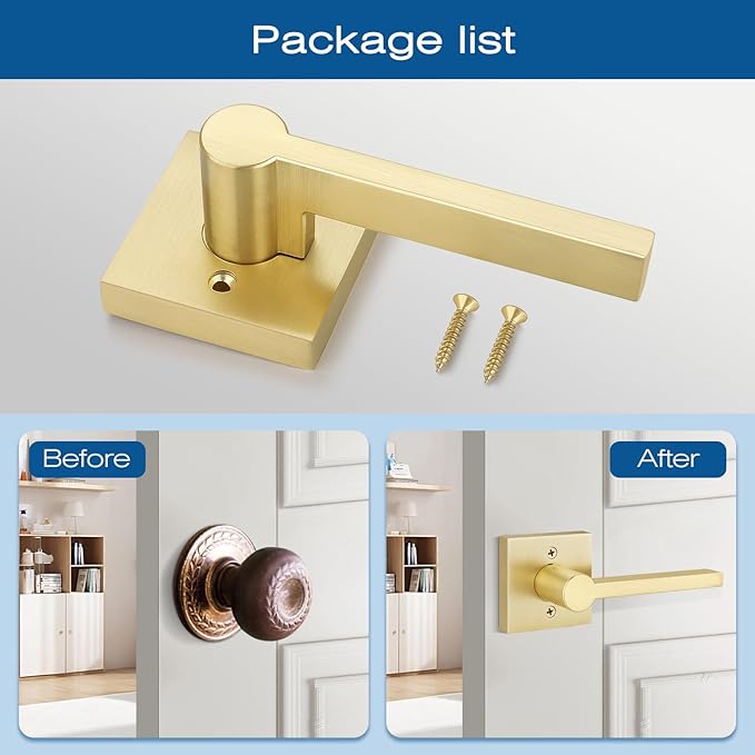 EHOMEWARE 2 Pack Satin Brass Dummy Door Handle, Interior Door Lever for Pull or Push Only, Heavy Duty Single Sided Door Handles for French or Closet Doors