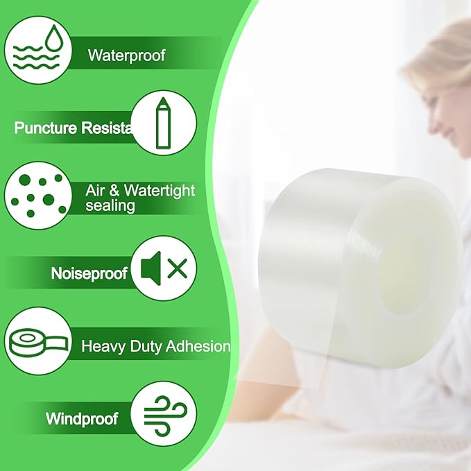 Transparent Window Weather Sealing Tape 2 Inch x 35 Yards Weather Stripping Residue Free Clear Window Draft Isolation Sealing Film Tape for Doors Windows and Shower Glass Gaps