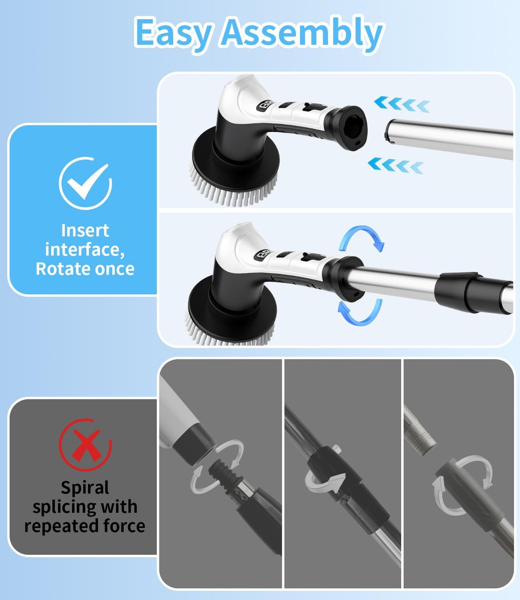 Electric Spin Scrubber with 3 Speed, Adjustable Extension Handle, 8 Brush Heads,Cordless Power Cleaning Brush for Bathroom, Tile, Kitchen-Black