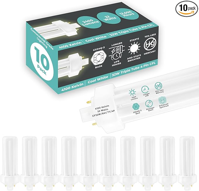 GoodBulb 32 Watt CFL Light Bulbs 4 Pin GX24Q-3 Base 4100K Cool White 32W High Output 2400 Lumens Triple Tube Compact Fluorescent Light Bulbs Plug-in 10 Pack