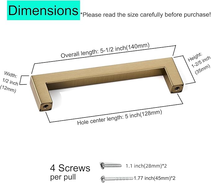 20 Pack 5 Inch (Center to Center 5in) Champagne Cabinet Pulls Square Kitchen Cabinet Drawer Handles Modern Stainless Steel Kitchen Cupboard Handles Hardware